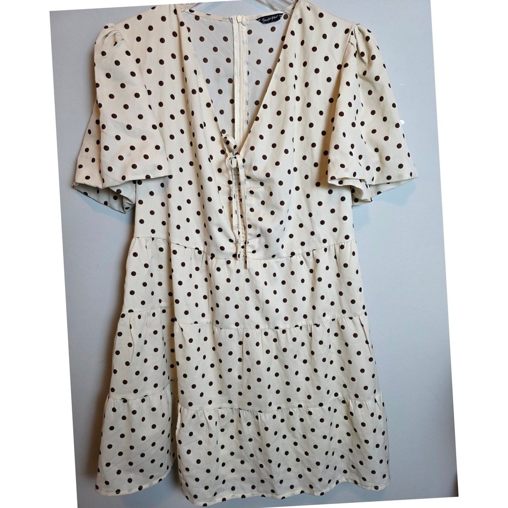 Simplee Plus Cream Brown Polka Dot Babydoll‎ Dress 1XL Puff Sleeve Tiered Dainty